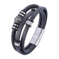 cuir PU bracelet, avec acier inoxydable, bijoux de mode & multicouche & normes différentes pour le choix & motif tissé, noire, Vendu par PC