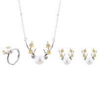 925 Sterling Silver Jewelry Sets with Freshwater Pearl Antlers platinum plated oval chain & for woman 13.5mm 6mm 7.5mm 6mm Length Approx 15.74 Inch Sold By PC
