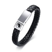 Leather Bracelet, with Stainless Steel, ying yang & for man, black, Length:8.46 Inch, Sold By PC