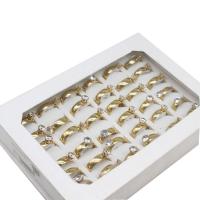 Anel de dedo de aço inoxidável de strass, para mulher & com strass, dourado, 6mm, 36PCs/box, vendido por box