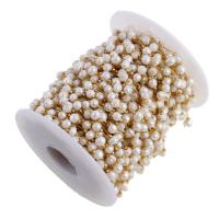 Cadena de la bola de acero inoxidable, con perla, Blanco, 5x5mm, 25m/Carrete, Vendido por Carrete