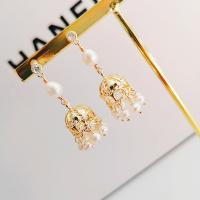 Zinc Alloy Drop Earrings with pearl 14K gold plated fashion jewelry & for woman & with rhinestone golden Sold By Pair