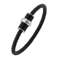 cuir PU bracelet, avec acier inoxydable, bijoux de mode & normes différentes pour le choix & motif tissé, noire, Vendu par PC