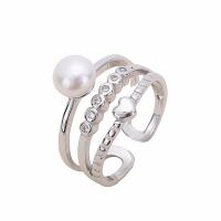 925 Sterling Silver Cuff Finger Ring with Freshwater Pearl Heart platinum plated & micro pave cubic zirconia & for woman 12mm 6mm US Ring .5-6.5 Sold By PC
