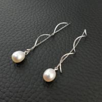 925 Sterling Silver Thread Through Earrings with Freshwater Pearl platinum plated oval chain & for woman 43.6mm 7mm Sold By Pair