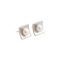 925 Sterling Silver Stud Earrings, with Freshwater Pearl, Square, plated, Korean style & for woman, more colors for choice, 11x11mm, 6.5mm, Sold By Pair