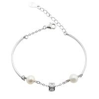 925 Sterling Silver Bangle Bracelet, with Freshwater Pearl, with 1.37inch extender chain, platinum plated, different styles for choice & for woman, 4.4mm, 6mm, Sold Per Approx 6.7 Inch Strand