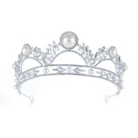 Tiaras, aleación de zinc, con Perlas plásticas, Corona, chapado en color de plata, con diamantes de imitación, 370x70mm, Vendido por UD