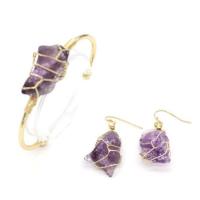 Natural Gemstone Jewelry Sets cuff bangle & earring Brass with Gemstone gold color plated & for woman nickel lead & cadmium free 30*22mm-35*26mm 25*18mm-30*25mm Sold By Set