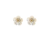 Shell Earrings Brass with White Shell Flower gold color plated micro pave cubic zirconia & for woman nickel lead & cadmium free Sold By Pair