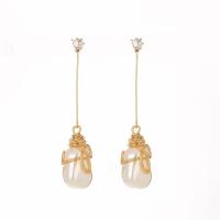 Tibetan Style Drop Earrings, with Plastic Pearl, KC gold color plated, for woman & with rhinestone, nickel, lead & cadmium free, 60x15mm, Sold By Pair