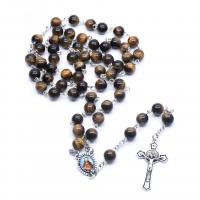 Rosary Necklace, Tiger Eye, with Tibetan Style, Crucifix Cross, plated, Unisex, mixed colors, 8mm, Length:42 cm, Sold By PC