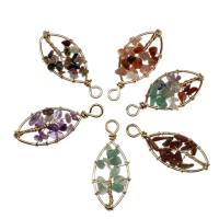 Gemstone Pendants Jewelry, Brass, with Gemstone, Leaf, more colors for choice, 42x17mm, 5PCs/Bag, Sold By Bag
