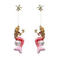 Boucles d'oreilles en alliage de zinc, avec perle, sirène, Placage, Naturel & bijoux de mode & pour femme, 68x15mm, Vendu par paire
