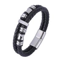 PU Leather Cord Bracelets with 304 Stainless Steel Vacuum Ion Plating fashion jewelry & multilayer & woven pattern black Sold By PC