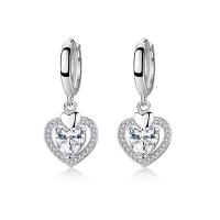 Cubic Zirconia Micro Pave Sterling Silver Earring, 925 Sterling Silver, Heart, platinum plated, micro pave cubic zirconia & for woman & with rhinestone & hollow, more colors for choice, 13x31mm, Sold By Pair