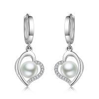 Huggie Hoop Drop Earring, 925 Sterling Silver, with Shell Pearl, Heart, micro pave cubic zirconia & for woman & hollow, 13.20x33mm, Sold By Pair