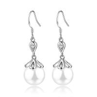 925 Sterling Silver Drop &  Dangle Earrings, with Shell Pearl, Round, micro pave cubic zirconia & for woman, 12x42mm, Sold By Pair