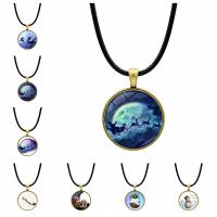 Christmas Necklaces, Tibetan Style, with PU Leather Cord, with 1.18 inch extender chain, Round, gold color plated, Christmas Design & different color and pattern for choice & time gem jewelry, 25mm, Length:Approx 16.92 Inch, Sold By PC