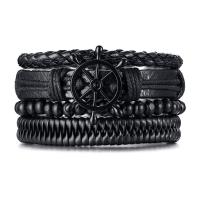cuir PU bracelet, avec bois & alliage de zinc, roue de bateau, 4 pièces & pour homme, noire, Vendu par fixé