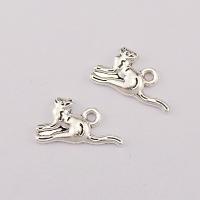 Tibetan Style Animal Pendants, Cat, plated, silver color, 18x10x2mm, 100PCs/Bag, Sold By Bag