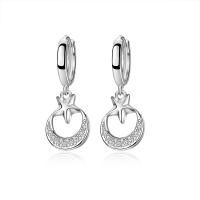 Huggie Hoop Drop Earring 925 Sterling Silver Moon and Star platinum plated micro pave cubic zirconia & for woman Sold By Pair