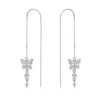 925 Sterling Silver Thread Through Earrings, Butterfly, micro pave cubic zirconia & for woman, 11x135mm, Sold By Pair