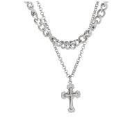 Stainless Steel Jewelry Necklace, with 1.96inch extender chain, Cross, Double Layer & Unisex & oval chain, 28x17mm, Sold Per Approx 18.11 Inch Strand