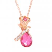 Collier de bijoux en alliage de zinc, avec 1.96 inch chaînes de rallonge, Rose, Plaqué de couleur d'or rose, pour femme & avec strass, rose, 27x15mm, Longueur:Environ 17.72 pouce, Vendu par PC