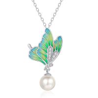 Cubic Zircon Micro Pave Brass Necklace, with Plastic Pearl, Butterfly, micro pave cubic zirconia & for woman & enamel, mixed colors, 32x18mm, Length:44 cm, Sold By PC