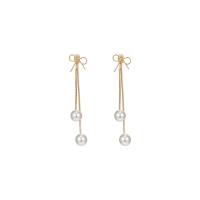Brass Drop Earring, with ABS Plastic Pearl, Bowknot, real gold plated, fashion jewelry & for woman, golden, 63x14mm, Sold By Pair