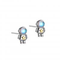 925 Sterling Silver Stud Earrings, with Moonstone, Astronaut, plated, fashion jewelry & for woman, 6.50x10.20mm, Sold By Pair