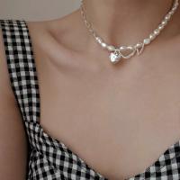 Plastik perle halskæde, Messing, med Plastic Pearl, Heart, sølvfarvet forgyldt, for kvinde, 15x15mm, Længde Ca. 20.87 inch, Solgt af PC