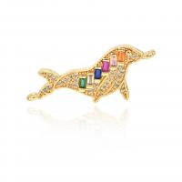 Cubic Zirconia Micro Pave Brass Connector, Dolphin, plated, micro pave cubic zirconia, golden, 14x34mm, Sold By PC