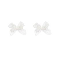 Bijoux boucles d'oreilles, Argent sterling 925, avec Plastique ABS perle & tissu & cristal, Noeud papillon, fait à la main, bijoux de mode & pour femme, blanc, 41x50mm, Vendu par paire