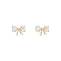 Cubic Zirconia Micro Pave Brass Earring, with ABS Plastic Pearl, 925 thailand sterling silver post pin, Bowknot, real gold plated, fashion jewelry & for woman & with cubic zirconia, golden, 15x20mm, Sold By Pair