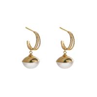Brass Drop Earring, with ABS Plastic Pearl, 925 thailand sterling silver post pin, real gold plated, fashion jewelry & for woman, white, 16x34mm, Sold By Pair