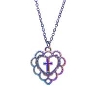 Pingentes de coração de liga de zinco, platinado colorido, joias de moda & com cruz padrão, multi colorido, 20x3x22mm, vendido por PC