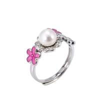Cеребряное кольцо, 925 пробы, с Пресноводные жемчуги, Форма цветка, покрытый платиной, регулируемый & Женский, 11mm, 6mm, размер:6-8, продается PC