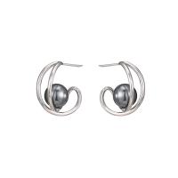 925 Sterling Silver Stud Earrings, with Shell Pearl, Geometrical Pattern, platinum plated, for woman & hollow, 8.4x17.3mm, 8mm, Sold By Pair