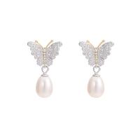 925 Sterling Silver Drop &  Dangle Earrings, with Freshwater Pearl, Butterfly, plated, for woman & with rhinestone, more colors for choice, 14x23mm, 7mm, Sold By Pair