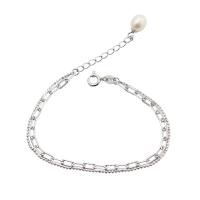 925 Sterling Silver Bracelet, with Freshwater Pearl, with 1.57inch extender chain, platinum plated, Double Layer & ball chain & for woman, 2.5mm, 6mm, Sold Per Approx 6.1 Inch Strand