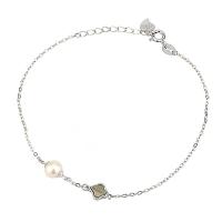 925 Sterling Silver Bracelet with Freshwater Pearl Four Leaf Clover platinum plated Korean style & oval chain & for woman 10.6mm 6.5mm 3mm Sold Per Approx 6.69 Inch Strand