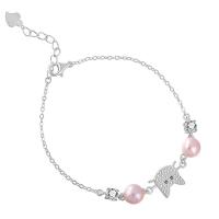 925 Sterling Silver Bangle Bracelet with Freshwater Pearl Cat platinum plated Korean style & oval chain & for woman & with rhinestone 6mm Sold Per Approx 6.3 Inch Strand