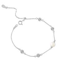 925 Sterling Silver Bangle Bracelet, with Freshwater Pearl, platinum plated, Korean style & oval chain & for woman & with rhinestone, 6mm, Sold Per Approx 7.48 Inch Strand