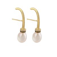 925 Sterling Silver Stud Earrings with Freshwater Pearl plated Korean style & for woman & with rhinestone 8mm Sold By Pair