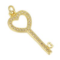 Cubic Zirconia Micro Pave Brass Pendant, Key, gold color plated, micro pave cubic zirconia & hollow, 11x27x2mm, Hole:Approx 3mm, 10PCs/Lot, Sold By Lot