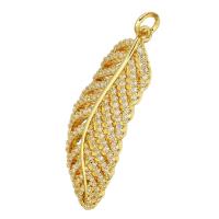 Cubic Zirconia Micro Pave Brass Pendant, Feather, gold color plated, micro pave cubic zirconia & hollow, 13x33x3mm, Hole:Approx 3mm, 10PCs/Lot, Sold By Lot