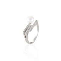 925 Sterling Silver Cuff Finger Ring with Freshwater Pearl platinum plated adjustable & for woman & with rhinestone 8.4mm 6.5mm US Ring Sold By PC
