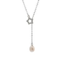 925 Sterling Silver Pearl Necklace with Freshwater Pearl with 1.96inch extender chain Star plated oval chain & for woman & with rhinestone 7mm Sold Per Approx 15.74 Inch Strand
